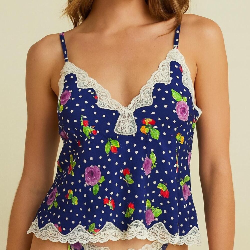 vintage Victoria’s Secret Gold label Navy blue floral polka dot lace cami top s